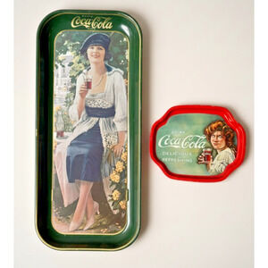 Vintage Coca Cola Tray Set Flapper Girl Serving Tray + Tip Tray Coke Advertising